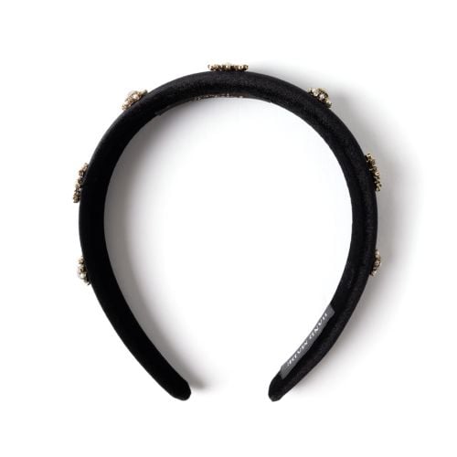 Velvet black headband with crystal and faux pearl studs. 