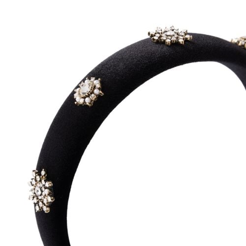 Velvet black headband with crystal and faux pearl studs. 