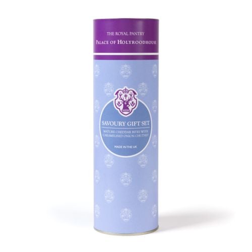 The Royal Pantry Palace of Holyroodhouse savoury gift set, comprising a jar of caramelised onion chutney and mature Cheddar savoury bites, presented in a lilac and purple cylindrical tube.