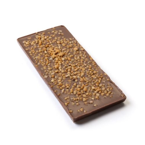 Front view of a Buckingham Palace Milk Chocolate Salted Caramel bar in a light blue presentation box, featuring a clear window that reveals the milk chocolate bar topped with crunchy salted caramel pieces.