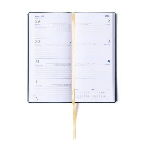 Closed Windsor Castle 2027 diary with a dark green textured cover and rounded corners. A gold royal crest is embossed at the top, with “Windsor Castle” printed beneath and “Diary 2027” near the bottom. A gold ribbon bookmark extends from the base of the d