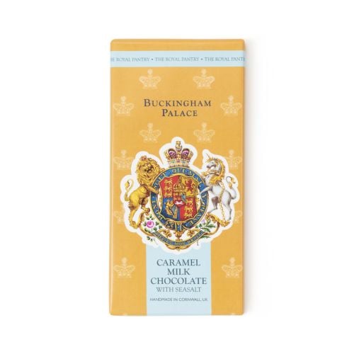 Buckingham Palace caramel milk chocolate with sea salt bar, featuring the royal coat of arms on a gold background, handmade in Cornwall, 80g.