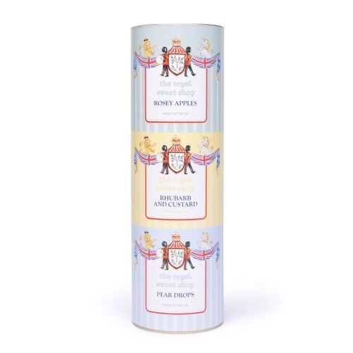 Tall set of three cylindrical “The Royal Sweet Shop” gift tin featuring three confectionery varieties—Rosey Apples, Rhubarb and Custard, and Pear Drops—stacked vertically with pastel-striped labels, a central crest, and decorative illustrations of guards,