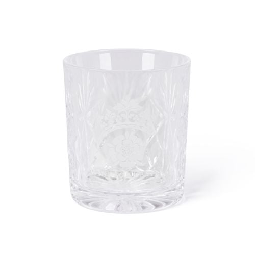 Clear cut-glass tumbler engraved with the Windsor Castle crest, shown beside a navy box with gold crest and text.