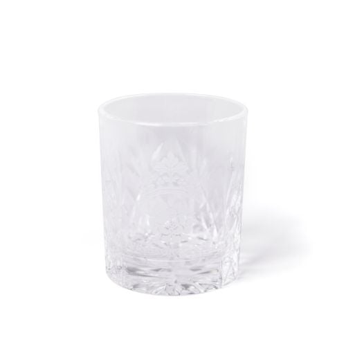 Clear cut-glass tumbler engraved with the Windsor Castle crest, shown beside a navy box with gold crest and text.