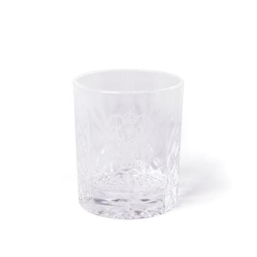 Clear cut-glass tot glass engraved with the Palace of Holyroodhouse emblem, shown beside a navy box with gold crest and text.
