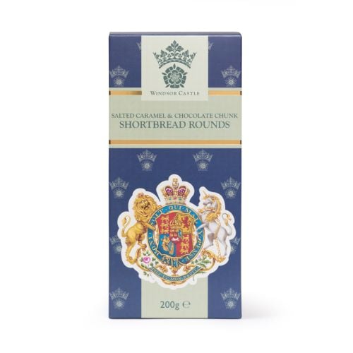 Box of Windsor Castle salted caramel and chocolate chunk shortbread rounds with two biscuits placed in front, featuring a royal coat of arms design, 200g.
