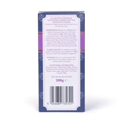 Box of Palace of Holyroodhouse Salted Caramel & Chocolate Chunk Shortbread Rounds, featuring a navy and purple design with the Palace of Holyroodhouse crest and the Royal Coat of Arms on the front. Two shortbread biscuits are displayed in front of the 200