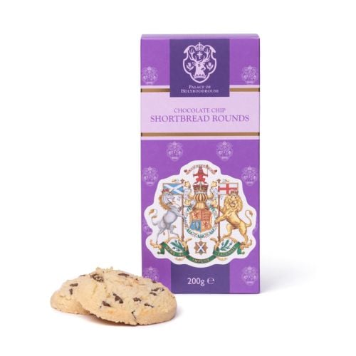 Box of Palace of Holyroodhouse Chocolate Chip Shortbread Rounds, featuring a navy and purple design with the Palace of Holyroodhouse crest and the Royal Coat of Arms on the front. Two shortbread biscuits are displayed in front of the 200g box