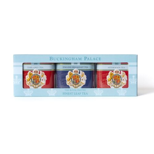 Gift set of three finest leaf teas from Buckingham Palace, presented in a pale blue box with a clear window. The set includes Earl Grey Tea, English Breakfast Tea and Afternoon Tea, each in a decorative tin featuring the Royal Coat of Arms and Royal Pantr