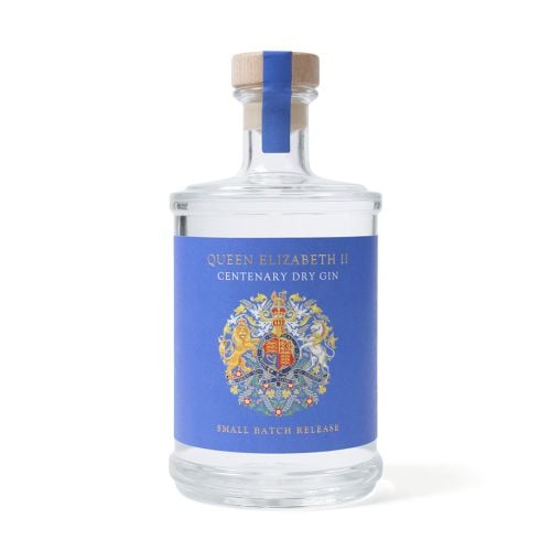 Queen Elizabeth II Centenary Dry Gin in Cornflower blue and featuring the royal coat of arms.