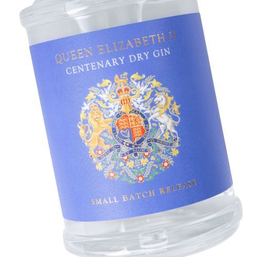 Queen Elizabeth II Centenary Dry Gin in Cornflower blue and featuring the royal coat of arms.