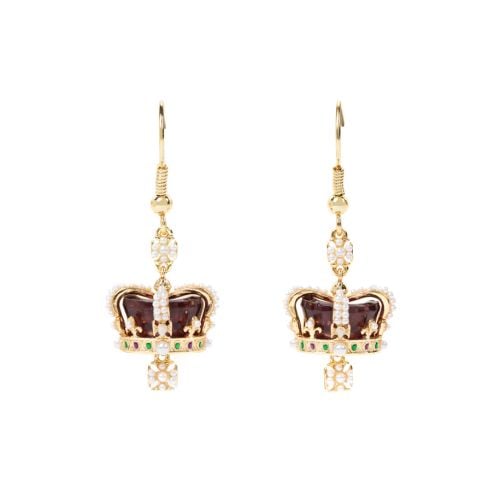 Pair of gold-tone drop earrings featuring crown-shaped motifs set with a deep burgundy centre, embellished with faux pearls and coloured stones in green, purple, and white.

