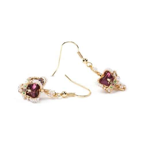 Pair of gold-tone drop earrings featuring crown-shaped motifs set with a deep burgundy centre, embellished with faux pearls and coloured stones in green, purple, and white.