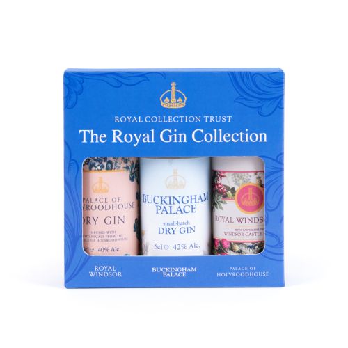 Three miniature gin bottles from the Royal Gin Collection displayed side by side: Palace of Holyroodhouse Dry Gin (40% ABV), Buckingham Palace Small-Batch Dry Gin (42% ABV), and Royal Windsor Gin (37.5% ABV), each in a 5cl bottle with distinctive decorati