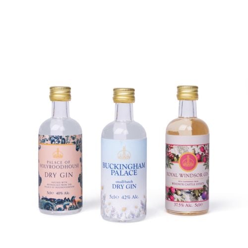 Three miniature gin bottles from the Royal Gin Collection displayed side by side: Palace of Holyroodhouse Dry Gin (40% ABV), Buckingham Palace Small-Batch Dry Gin (42% ABV), and Royal Windsor Gin (37.5% ABV), each in a 5cl bottle with distinctive decorati