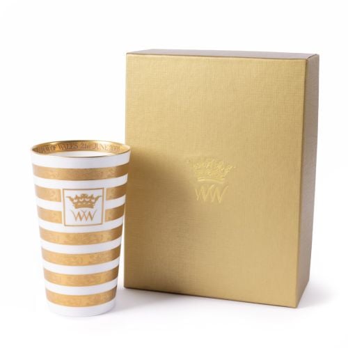 Royal Collection limited-edition fine bone china beaker with hand-finished gold decoration and matching gold presentation box, commemorating the 21st birthday of HRH Prince William of Wales.