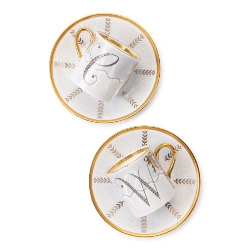 Limited-edition pair of fine bone china espresso cups and saucers with a matching pale blue Royal Collection presentation box, featuring crowned CW monograms and gold detailing commemorating the royal wedding of Prince William and Catherine Middleton.
