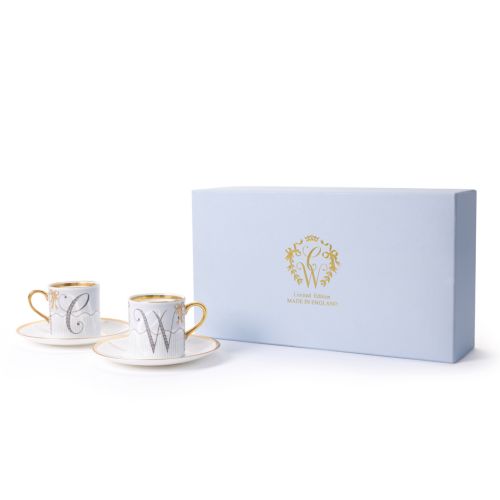 Limited-edition pair of fine bone china espresso cups and saucers with a matching pale blue Royal Collection presentation box, featuring crowned CW monograms and gold detailing commemorating the royal wedding of Prince William and Catherine Middleton.