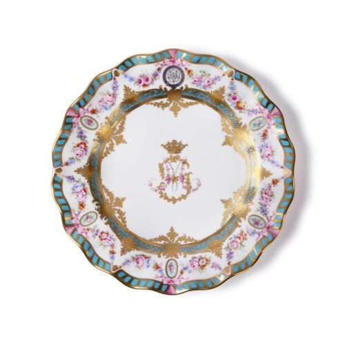 Buckingham Palace limited edition dessert plate with turquoise, pink and gold floral decoration and crowned central monogram.