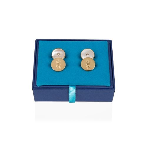 Mother of pearl and gold cufflinks presented in blue box