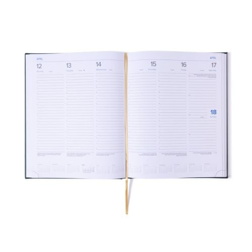 Closed Windsor Castle 2027 diary with a dark green textured cover. A gold royal crest is embossed at the top, with “Windsor Castle” printed beneath and “Diary 2027” near the bottom. A gold ribbon bookmark extends from the base.