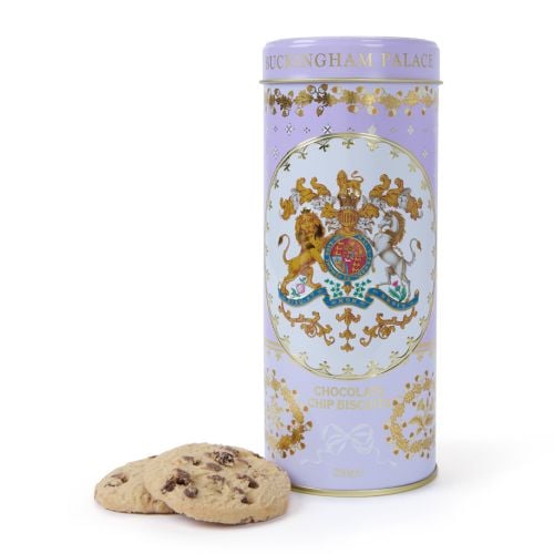 Lilac biscuit tin containing chocolate chip biscuits featuring Royal Coat of Arms crest.