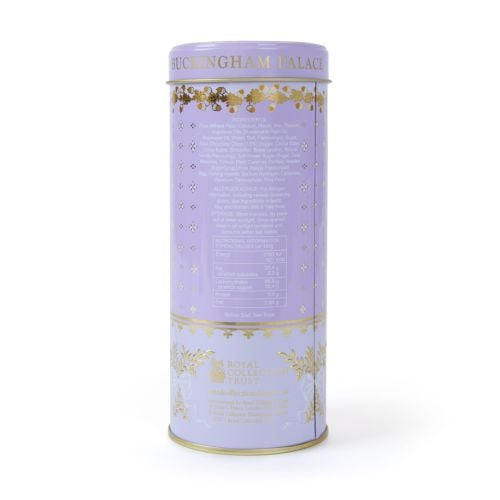 Lilac biscuit tin containing chocolate chip biscuits featuring Royal Coat of Arms crest.
