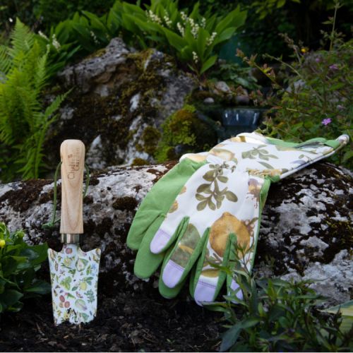 Pair of gardening gloves. White with lilac finger tips and green underside. Chelsea Porcelain inspired design.