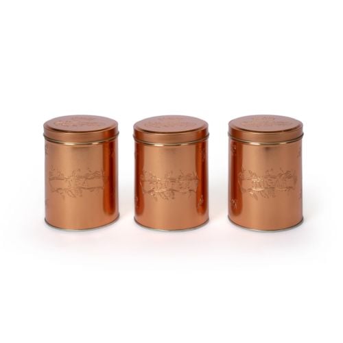 Set of 3 copper tins embossed with tea, coffee and sugar. Part of the  'Property of the royal kitchen range'