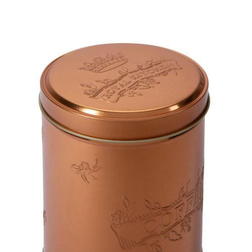 Set of 3 copper tins embossed with tea, coffee and sugar. Part of the  'Property of the royal kitchen range'