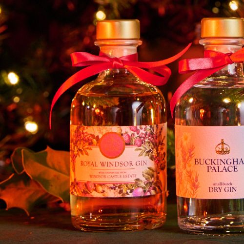 Miniature bottle of Royal Windsor pink gin with raspberries from Windsor Castle estate.