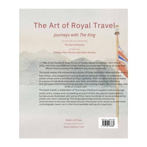 Front cover of 'The Art of Royal Travel: Journeys with The King'. Red background with gold font. 