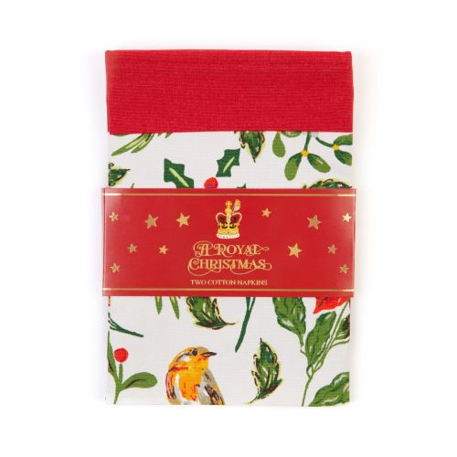 2 napkins decorated with winter foliage and robins. White background with red border.