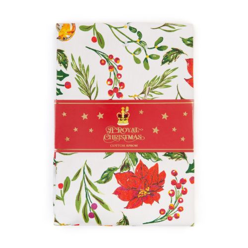 Christmas apron decorated with robins and winter foliage. Ties are red. 
