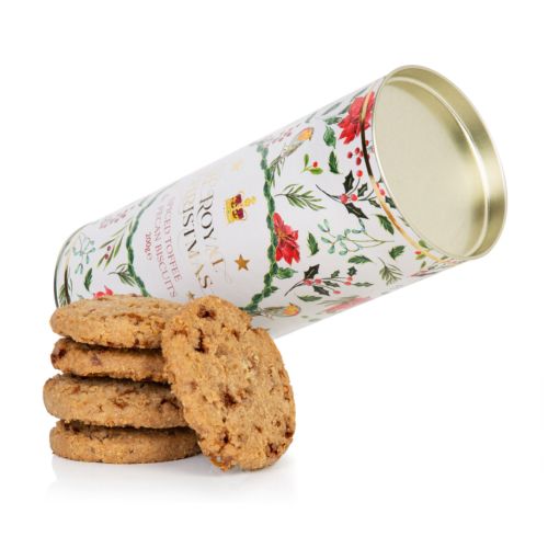 A tube of biscuits. Outer tube is decorated with winter foliage, robins and a crown. 