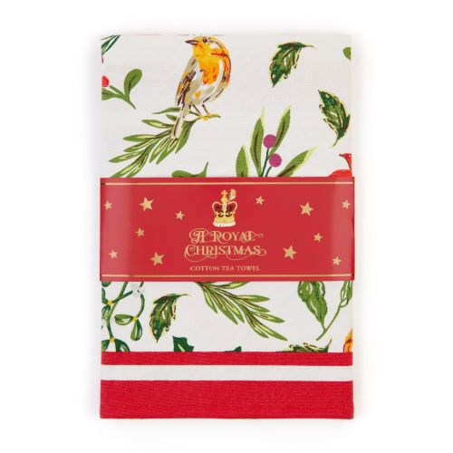 Tea towel featuring printed crown, the phrase 'A Royal Christmas' and winter foliage