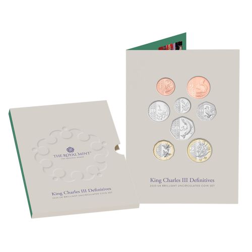 Presentation sleeve of the King Charles III Definitives coin set.  Stamped with The Royal Mint logo and green spine 