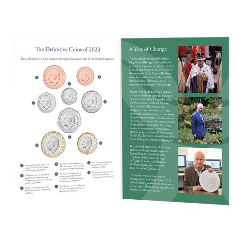 Presentation sleeve of the King Charles III Definitives coin set.  Stamped with The Royal Mint logo and green spine 