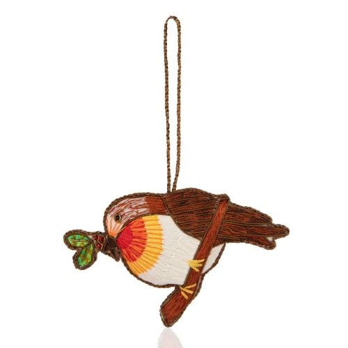 Sewn robin decoration with brown string hanger.