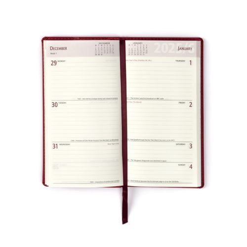 Red pocket diary with gold embossed crest and lettering, Buckingham Palace Diary 2026.