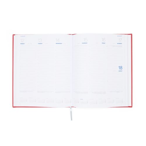 Red desk diary with gold embossed crest and lettering, Buckingham Palace Diary 2024