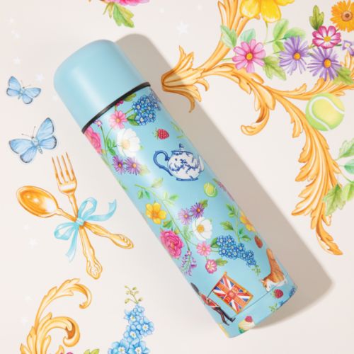 Blue flask with summertime illustrations including tea pot, Guardsmen, corgis and flowers.