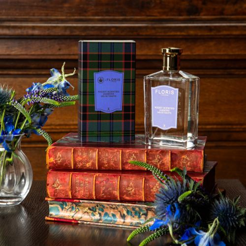 Floris Night Scented Jasmine Eau de Toilette featuring Old Steward Tartan packaging. 