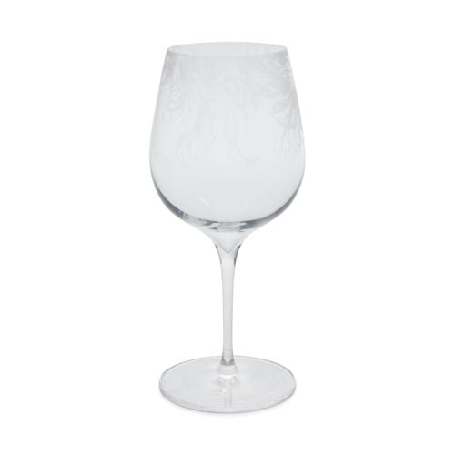 Crystal red wine glass with an etched design.