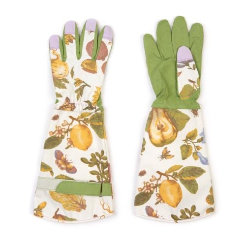 Pair of gardening gloves. White with lilac finger tips and green underside. Chelsea Porcelain inspired design.