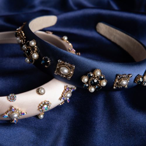 Navy hairband embellished with costume pearls and Swarovski crystals. 