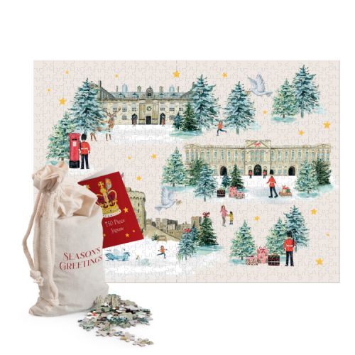 Jigsaw of the three Royal palaces and festive imagery. Cotton bag with the words 'seasons greetings' on it