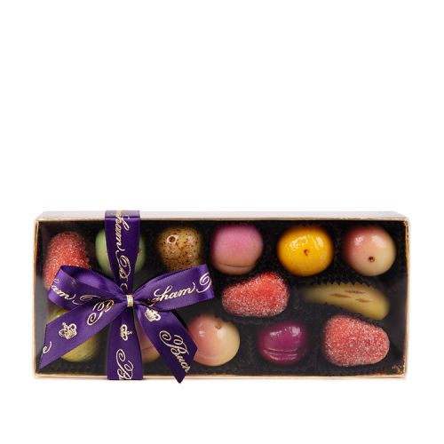 box of 12 marzipan fruits wrapped in a purple bow