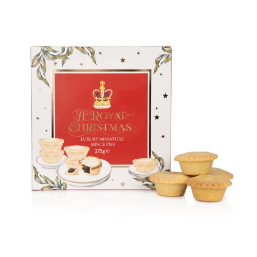 packaging of mince pies with illustration of mince pies on plate and gold foil stars to decorate packaging